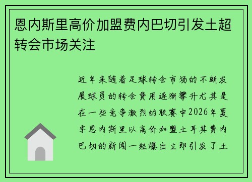 恩内斯里高价加盟费内巴切引发土超转会市场关注 恩内斯里高价加盟费内巴切引发土超转会市场关注