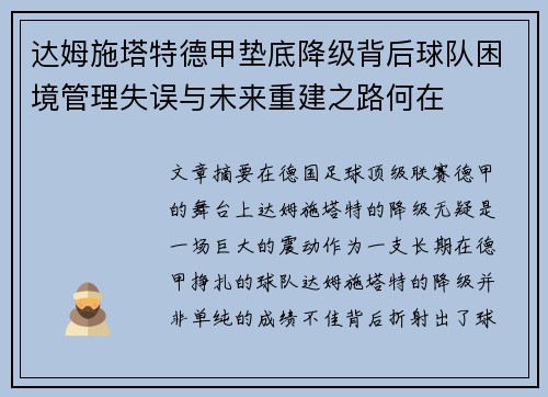 达姆施塔特德甲垫底降级背后球队困境管理失误与未来重建之路何在