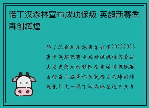 诺丁汉森林宣布成功保级 英超新赛季再创辉煌 诺丁汉森林宣布成功保级 英超新赛季再创辉煌